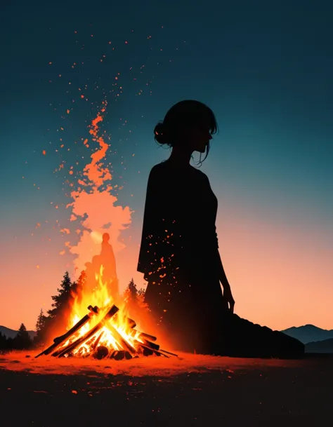 bonfire，Beautiful dancer&#39;s slender shadow on the ground，double exposure，Solitary，bonfire