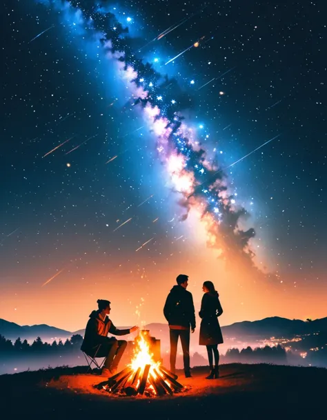 bonfire,Couple,  double exposure,Starry Sky,