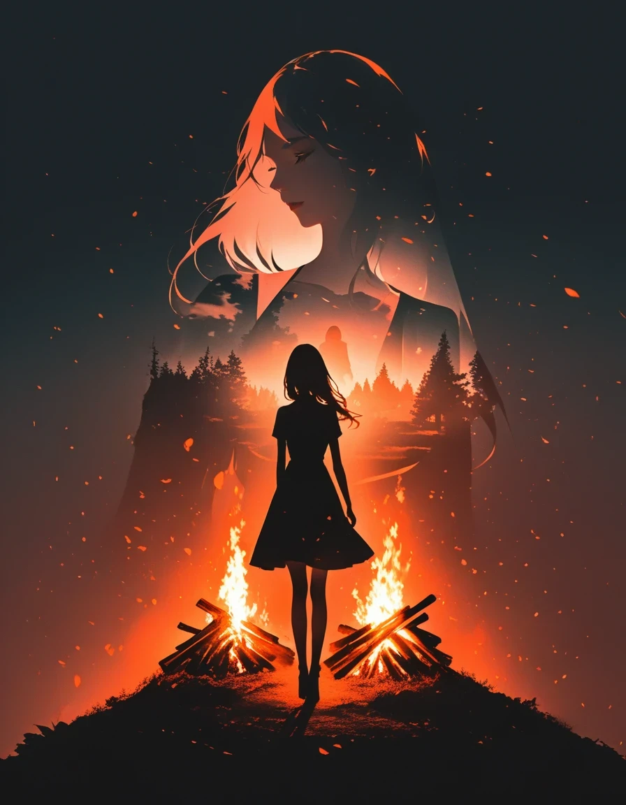 bonfire，Beautiful dancer&#39;s slender shadow on the ground，double exposure，Solitary，bonfire