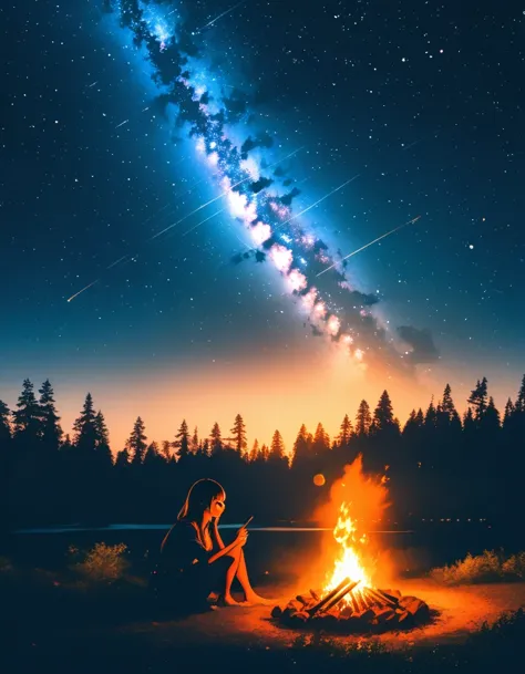 landscape, summer, night, forest, bonfire, double exposure,Starry Sky,