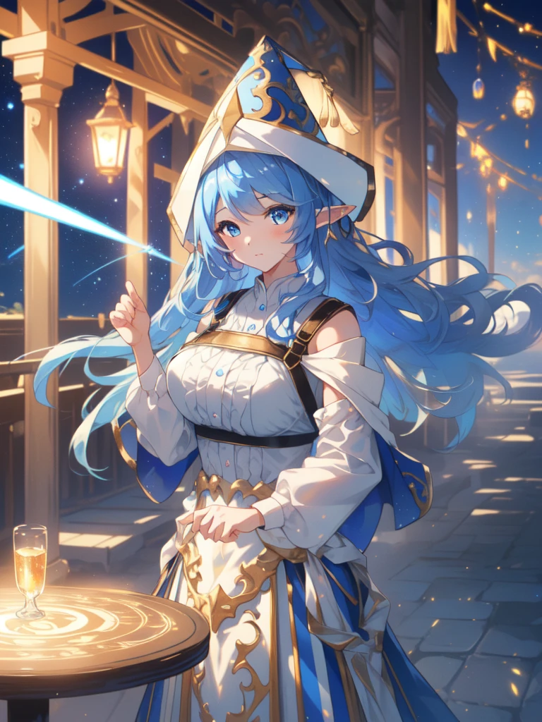 (8k, highest quality, masterpiece:1.2),\(Eye details\),\(Facial Features\),(\(Clothing Details\)\),(1 girl:1.3),(alone),whole body,(/sky blue hair:1.3/),(明るいblue eyes:1.2),Temple Water Witch,Fairy,Pointy Ears,priest.(big breasts:1.2),Narrow waist,[Round ass],Have,One Girl, Blue Hair, blue eyes, Elf Ears, wizard hat, White Dress, Cowboy Shot, highest quality,((highest quality)),((Tabletop)),((Perfect Face)),Detailed５Hand with two fingers,1 girl,(Background Blur), ((Holographic)),1 girl,milky way, (stripes of light), Impressive visuals, (Dynamic Streaks, Path of Light:1.2), Bright colors,whole body,Dynamic pose,full body,(masterpiece:1.2, highest quality),(Colored Background) (Beautiful fine details: 1.2), (非常にDetailed CG Unity 8k 壁紙, masterpiece, highest quality, Very detailed, Best Shadow), (Detailed背景),magic circle background,Offer a prayer