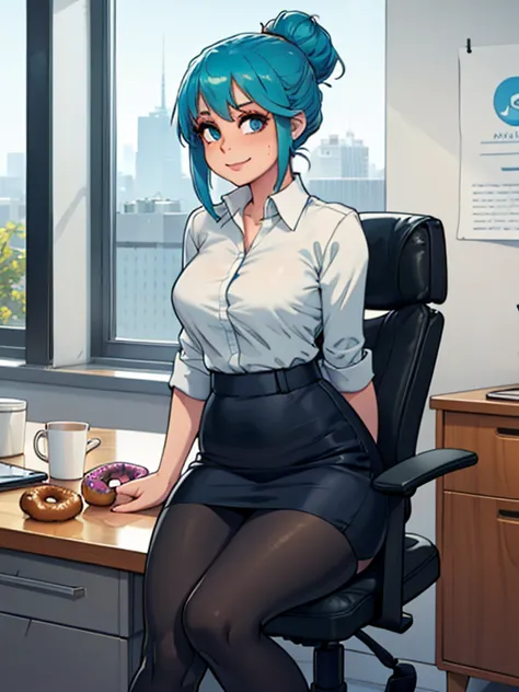 art by kipteitei, 1girl, (aqua blue hair), hair up, blue eyes, black pencil skirt, dress shirt, (black tights), happy expression...