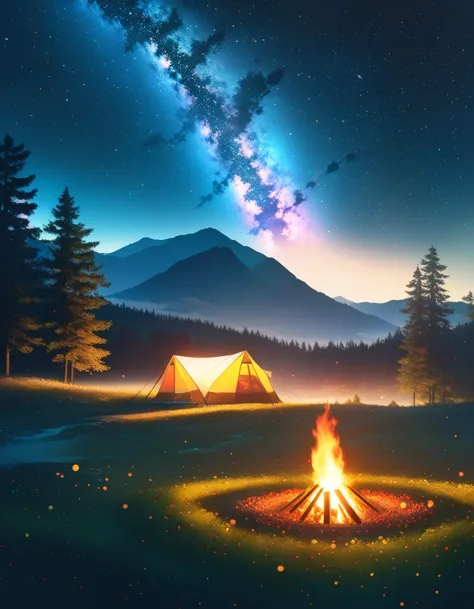 landscape, summer, night, forest, Bonfire in one place, double exposure,Starry Sky, High definition details, Ultra Detailed, Mov...