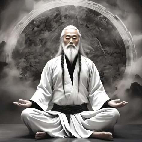 lotus pose，Step into the realm of digital art with this captivating prompt for a digital artwork of a legendary Qi Gong master, ...