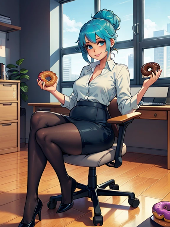 art by kipteitei, 1girl, (aqua blue hair), hair up, blue eyes, black pencil skirt, dress shirt, (black tights), happy expression, (skinny), [stuffed belly], (holding donut), sitting in office, leaning back in chair, fancy office background with lots of windows, (best quality, masterpiece)
