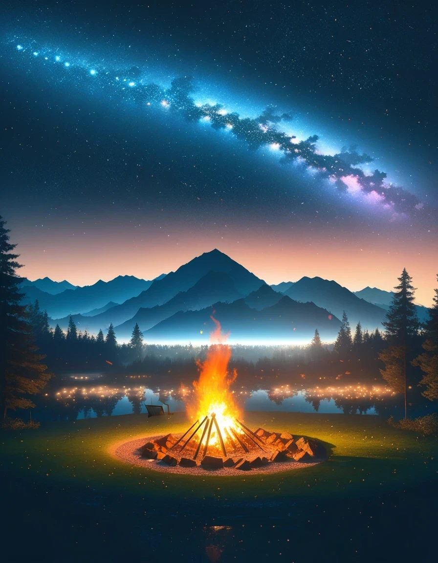 landscape, summer, night, forest, Bonfire in one place, double exposure,Starry Sky, High definition details, Ultra Detailed, Movie, Surrealism, Soft Light, deep focus bokeh, Ray Tracing, Surrealism. , Art Station Pixiv Gees, author：Xin Haicheng, Art sprouts