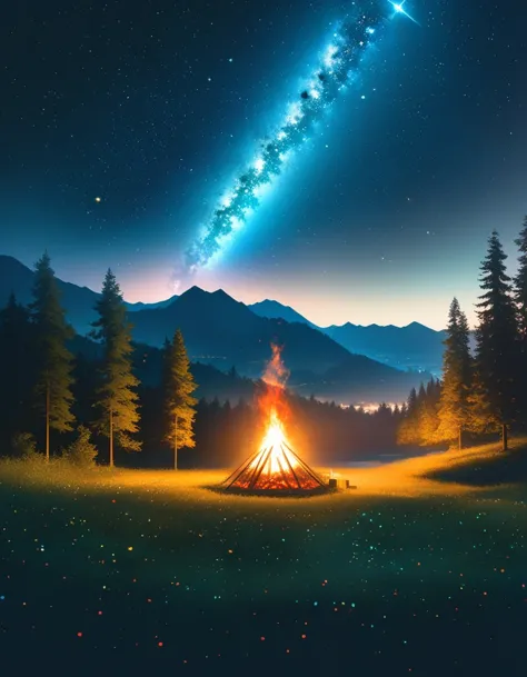 landscape, summer, night, forest, Bonfire in one place, double exposure,Starry Sky, High definition details, Ultra Detailed, Mov...