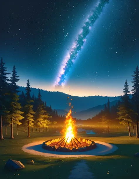 landscape, summer, night, forest, Bonfire in one place, unmanned, unmanned, Starry Sky, High definition details, Ultra Detailed,...