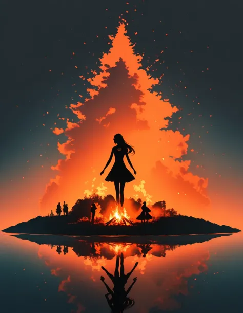 Beautiful dancer&#39;s slender shadow on the ground，double exposure，Solitary，bonfire，bonfire，Persistence and giving up