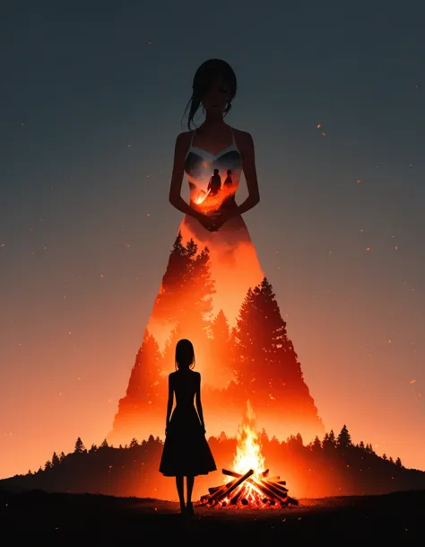 Beautiful dancer&#39;s slender shadow on the ground，double exposure，Solitary，bonfire，bonfire，Persistence and giving up