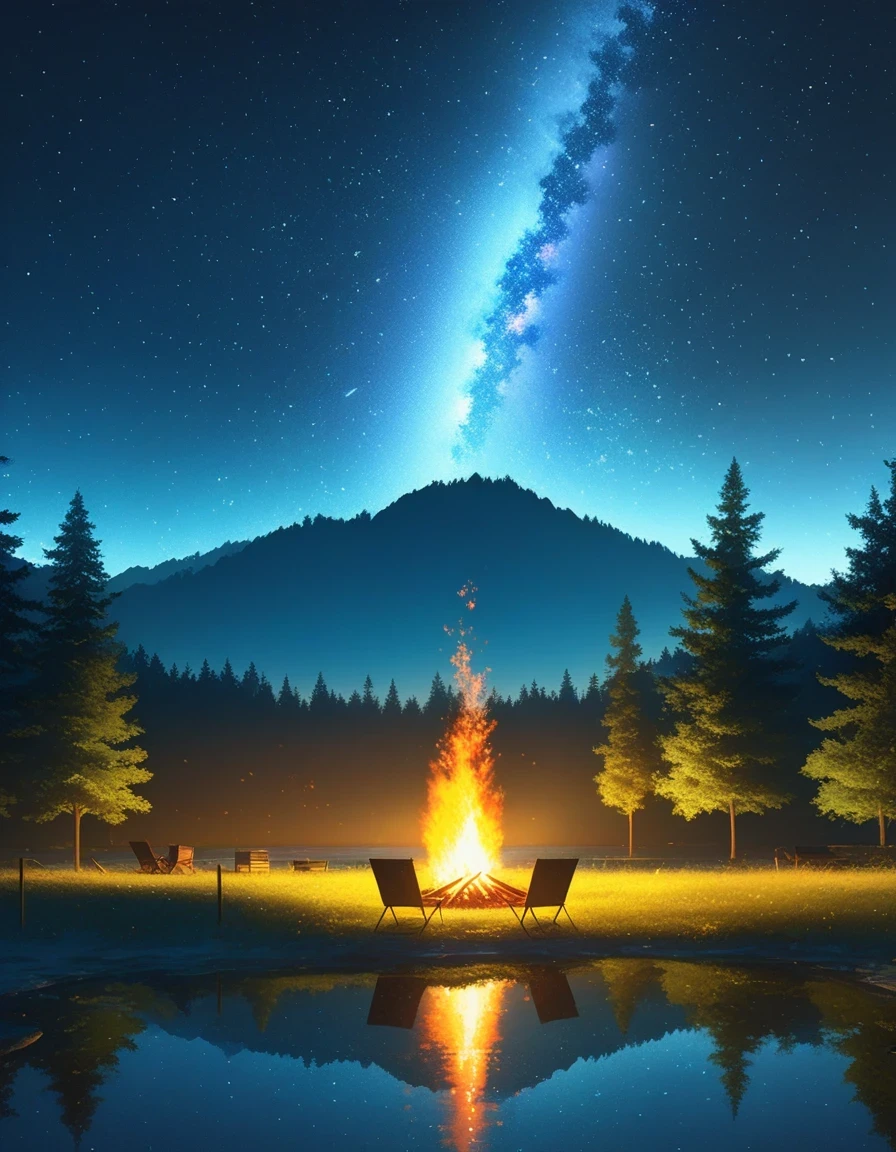 landscape, summer, night, forest, Bonfire in one place, unmanned, unmanned, Starry Sky, High definition details, Ultra Detailed, Movie, Surrealism, Soft Light, deep focus bokeh, Ray Tracing, Surrealism. , Art Station Pixiv Gees, author：Xin Haicheng, Art sprouts
