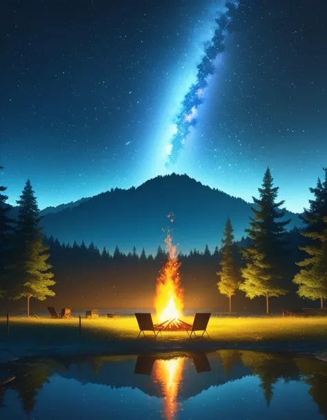 landscape, summer, night, forest, Bonfire in one place, unmanned, unmanned, Starry Sky, High definition details, Ultra Detailed,...