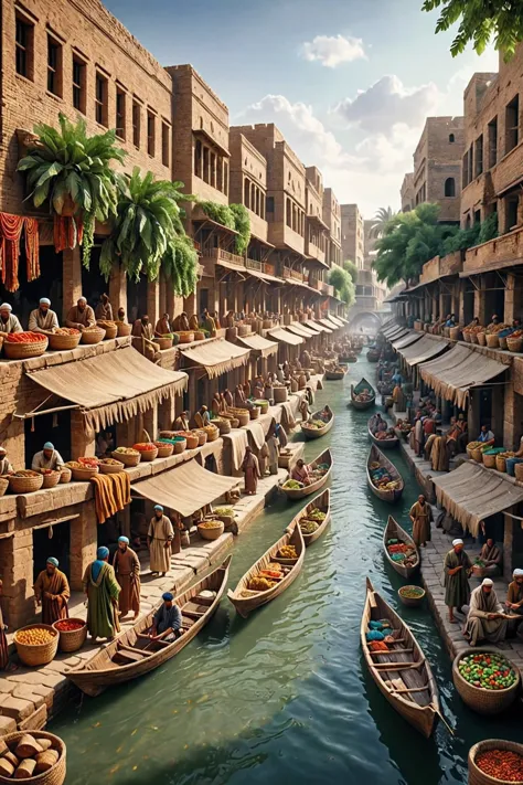 Visualize an ancient scene depicting the start of human civilization. The image shows a bustling ancient market in Mesopotamia, ...