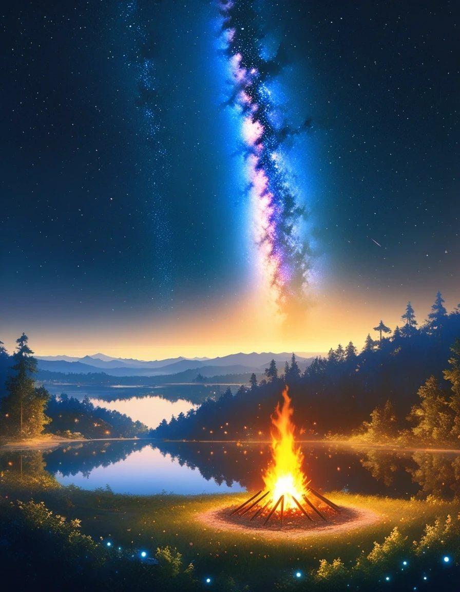 landscape, summer, night, forest, Bonfire in one place, unmanned, unmanned, Starry Sky, High definition details, Ultra Detailed, Movie, Surrealism, Soft Light, deep focus bokeh, Ray Tracing, Surrealism. , Art Station Pixiv Gees, author：Xin Haicheng, Art sprouts