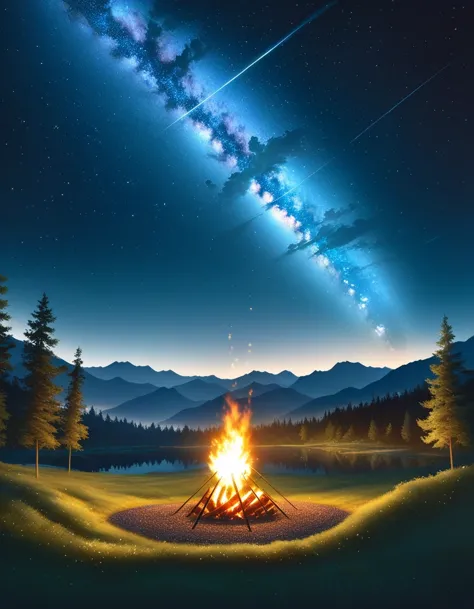landscape, summer, night, forest, Bonfire in one place, unmanned, unmanned, Starry Sky, High definition details, Ultra Detailed,...