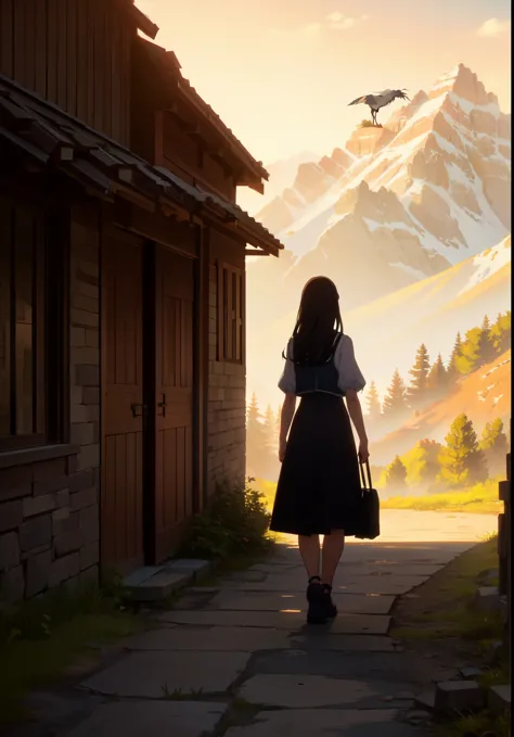 ((anime)) ,(((young woman))), (((leaving the house in the mountains))), ((lonely house in the mountains:1.2)), ((only one house ...