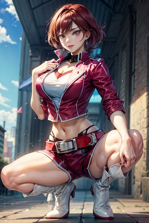 fujieda yoshino, brown hair, purple eyes, red data squat uniform, red jacket, white belt, red shorts, tall white boots, beautifu...