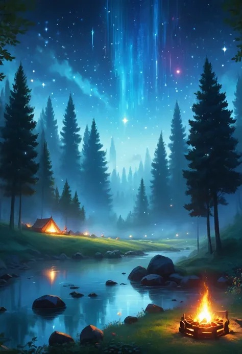 landscape, summer, night, forest, Bonfire in one place, unmanned, unmanned, Starry Sky, High definition details, Ultra Detailed,...