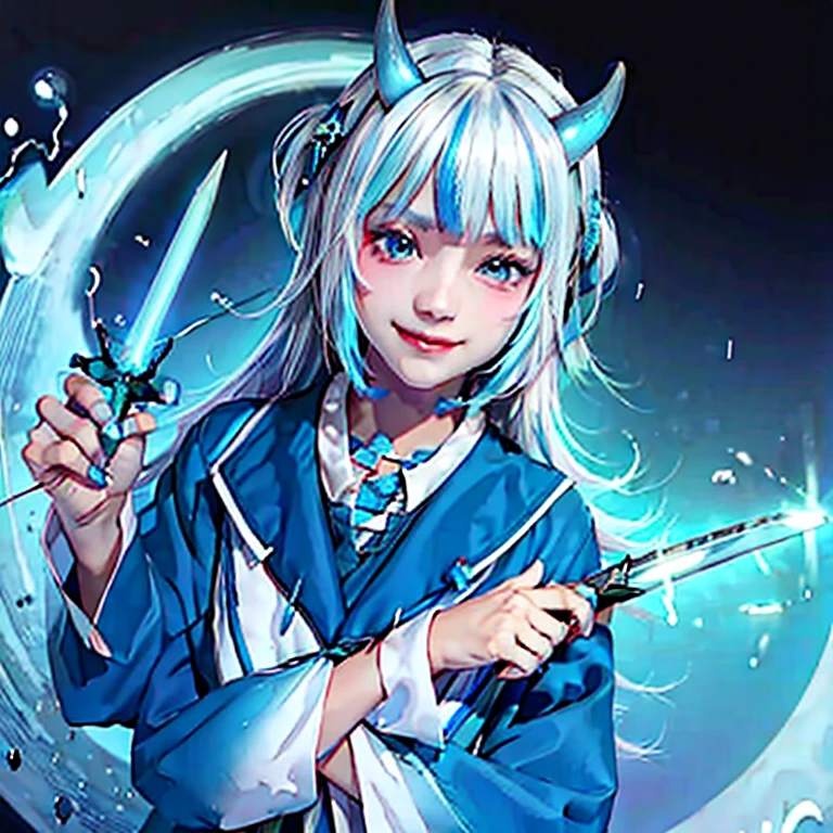 masterpiece,best quality,ultra detailed,4K,super fine illustration,highly detailed beautiful face and eyes,cyan color scheme, lighting,fantasy,extremely solemn atmosphere,(traditional maid collared shirt:1.3),long skirt,glowing eyes,long hair,hairs between eyes, crossed bangs,smirk,fighting stance,dynamic pose,(holding glowing sword:1.3),particle light,luminescence,plasma,electric current,blue flame,sense of depth,dynamic angle, 1girl, Smile, Devil's Horns, Devil's Wings,