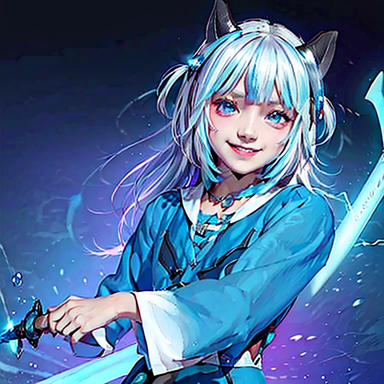 masterpiece,best quality,ultra detailed,4K,super fine illustration,highly detailed beautiful face and eyes,cyan color scheme, lighting,fantasy,extremely solemn atmosphere,(traditional maid collared shirt:1.3),long skirt,glowing eyes,long hair,hairs between eyes, crossed bangs,smirk,fighting stance,dynamic pose,(holding glowing sword:1.3),particle light,luminescence,plasma,electric current,blue flame,sense of depth,dynamic angle, 1girl, Smile, Devil's Horns, Devil's Wings,