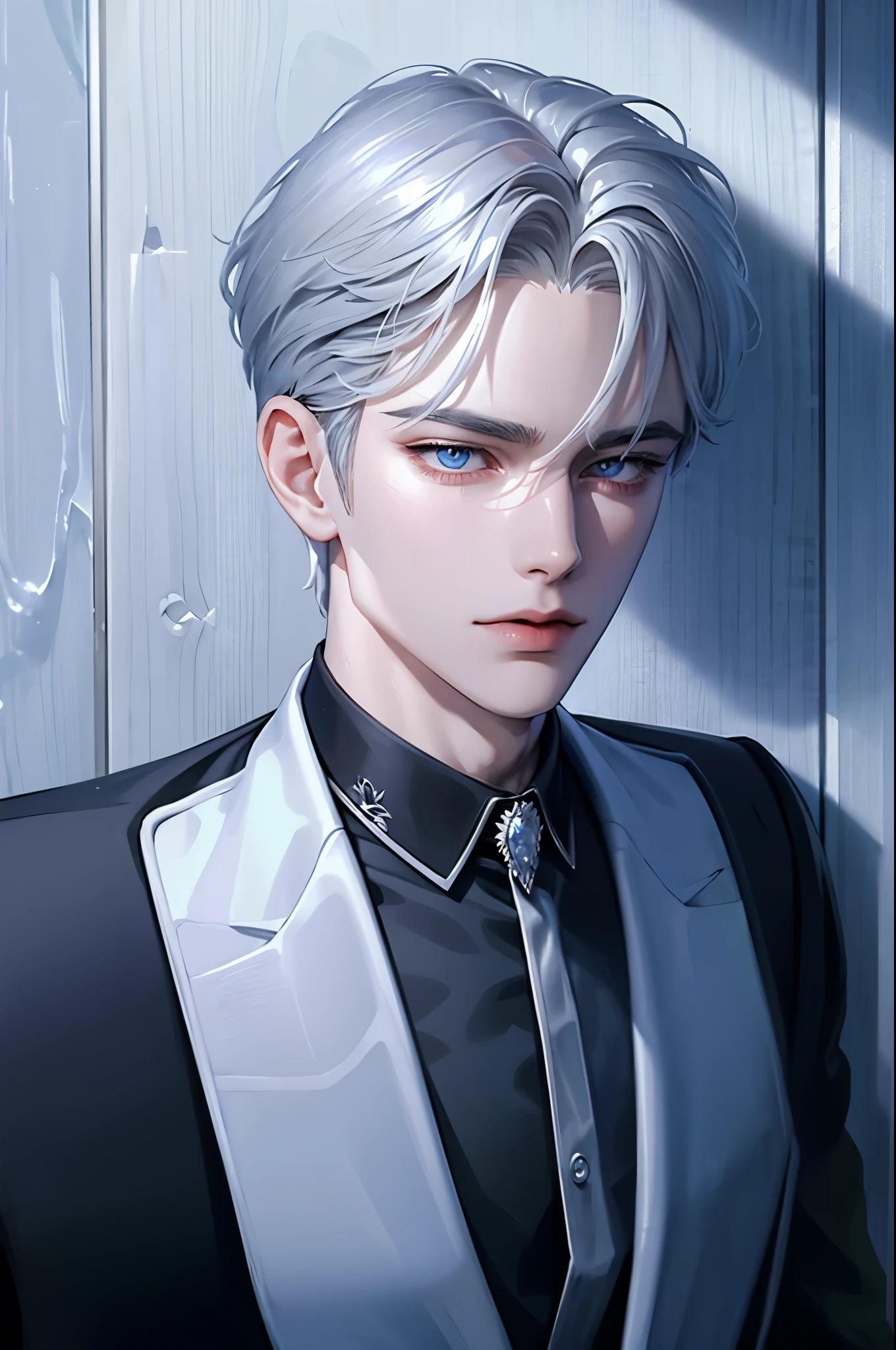 Boy, silver hair, blue eyes, serious sharp features, white skin, formal style