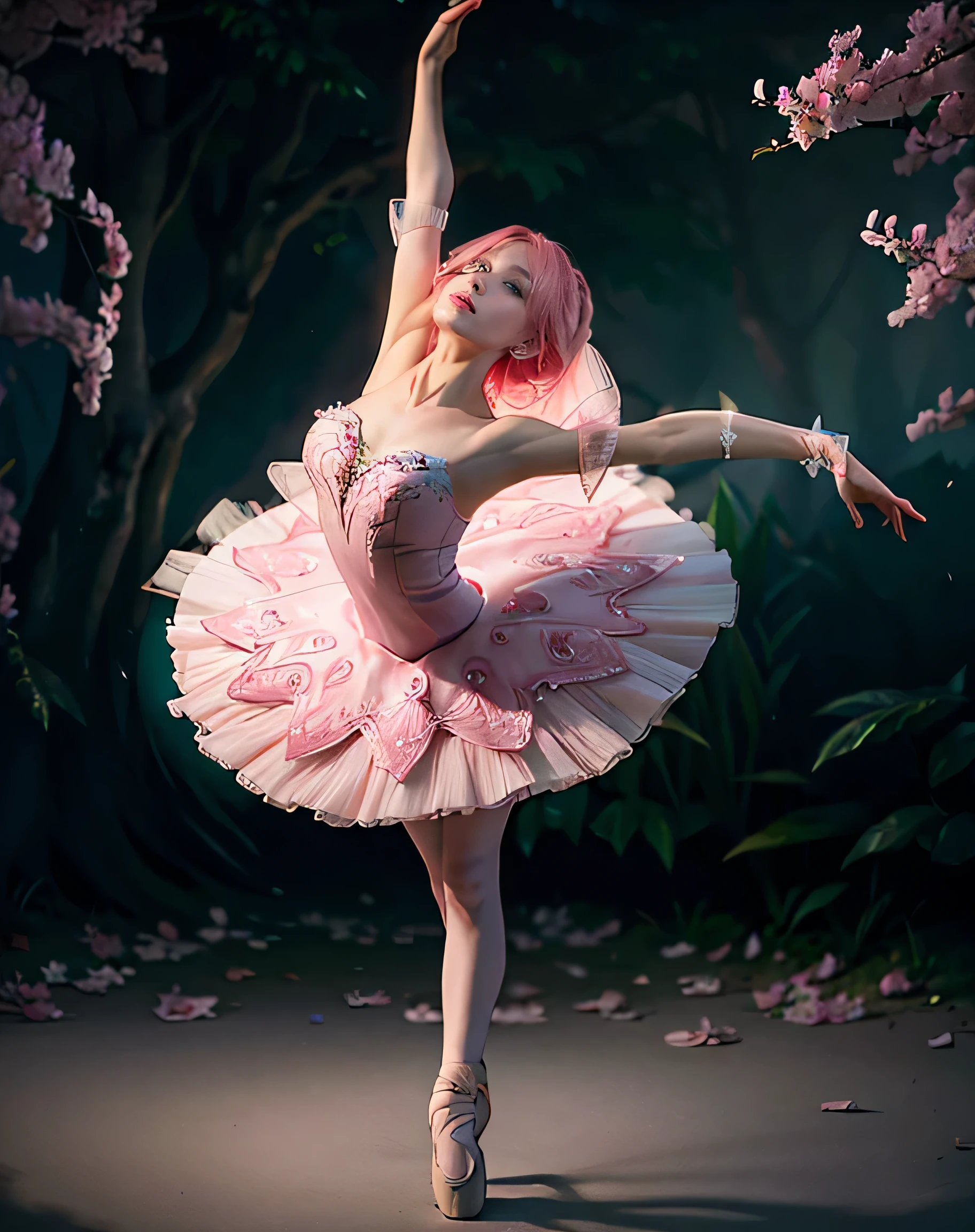 (Meilleure qualité,haute résolution,ultra-détaillé:1.2),cheveux roses avec élégance,yeux vert vif et vibrants,danseur de ballet tournoyant gracieusement,Ballerine Le Lac des Cygnes,fleurs de cerisier rose tendre,éclairage éthéré,portraits,Couleurs vives,jardin luxuriant,Mouvements délicats,Posture gracieuse,ombres subtiles,musique classique,orteils parfaitement pointus,déguisement en satin,beauté sublime,flottant dans les airs, lac en arrière-plan cygne, cheveux roses
