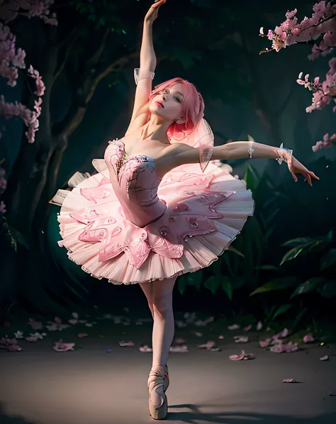 (best quality,highres,ultra-detailed:1.2),rosa hair elegantly,bright green vibrant eyes,ballet dancer gracefully twirling,Swan L...