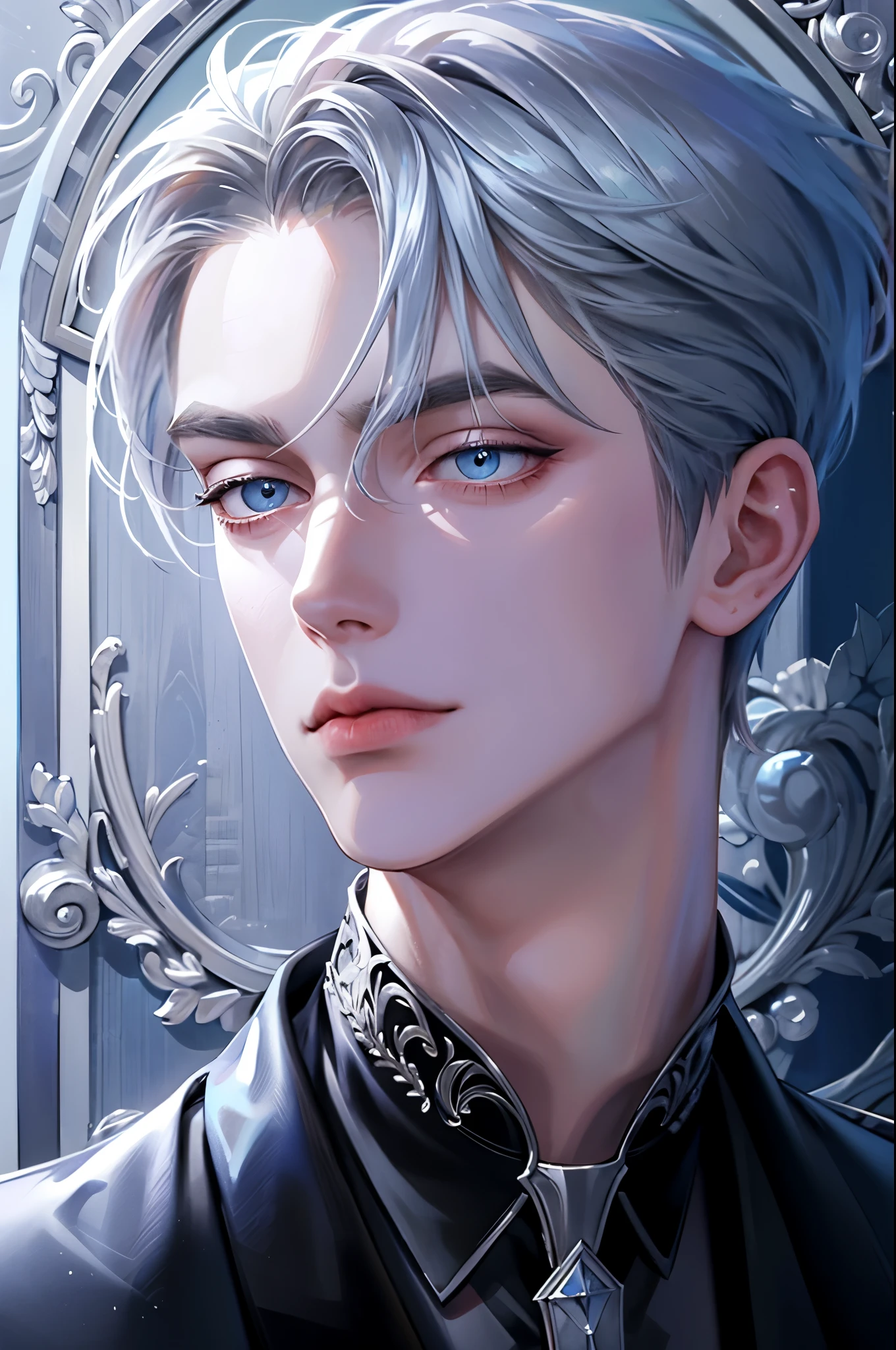 Boy, silver hair, blue eyes, serious sharp features, white skin, formal style