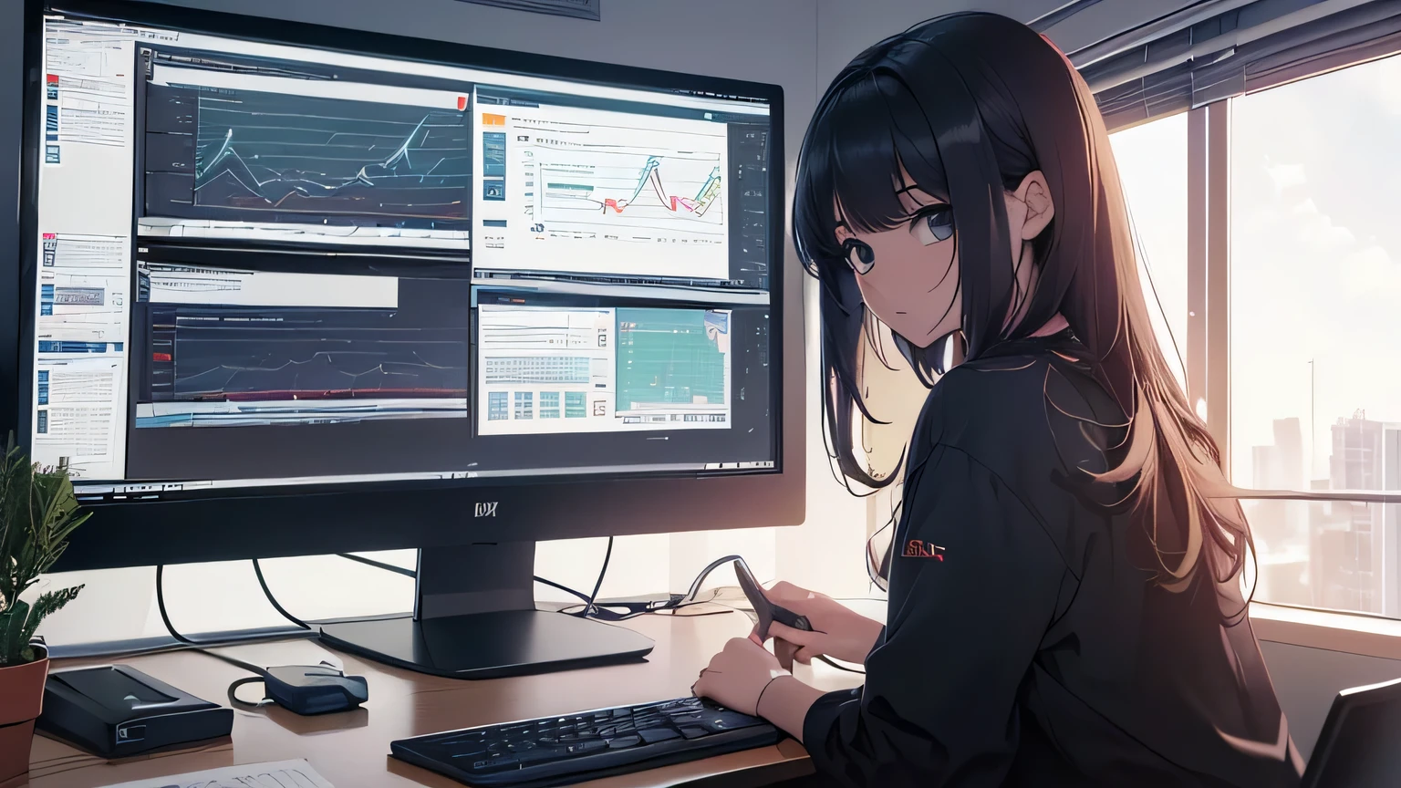 (8k, RAW foto, mejor calidad, (Obra maestra, super high quality, super detailed), anime style chica joven, Absoluto, detalles intrincados, Mujer arafed apoyada en un escritorio con tres pantallas de computadora., showing stock charts, En frente de una computadora, sentado en una computadora desk, mirando el monitor, sentado frente a la computadora, sentado en una computadora, Comercio, sentado en un escritorio, Proveedores, Comercio stocks, centrado en el centro, sentado en el escritorio, accurately portrayed