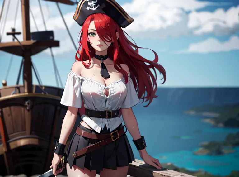 ((masterpiece, best quality, high resolution, UHD, pixel perfect, depth of field, 8k, RTX, HDR)), 1 girl, girl stile anime, cowboy shot, BREAK, very long hair, curly hair red hair, lock of hair covering one eye, green eyes, well defined eyes, high definition eyes, eyelashes and black shadow under the eyes, high gloss eyes, looking at the viewer, tricorn with a feather cap, pirate clothes, wearing pirate gun belt, wearing a red pleated miniskirt, miniskirt fluttering in the wind, black panties, wearing a white t-shirt, with a pronounced neckline, with tatto of skull in the arm, BREAK, oily skin, with a lot of sweat on the body, perfect anatomy, cleavage, neckline, big teats 1.5, small shark tattoo on the chest, ((wearing one patch in the eye)), blouse with white ruffles, with a neckline, with black boots, up to the knees, BREAK, wearing a black choker, standing facing viewer, holding a pirate sword, ((with a sword in his hand)), on a pirate ship with the sea in the background. 