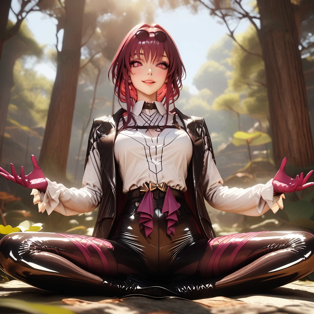 Kafka,(masterpiece, best quality:1.2), 1girl, solo,front view，anatomically correct，smile, shiny_astride,realistic，3d，Unreal Engine 5，skin texture，leggings，lotus pose，outdoor，background is forest，body glow，Glowing Line,Glow Example，Tracking example，flash， Backlight，translucent，light particles，Xill