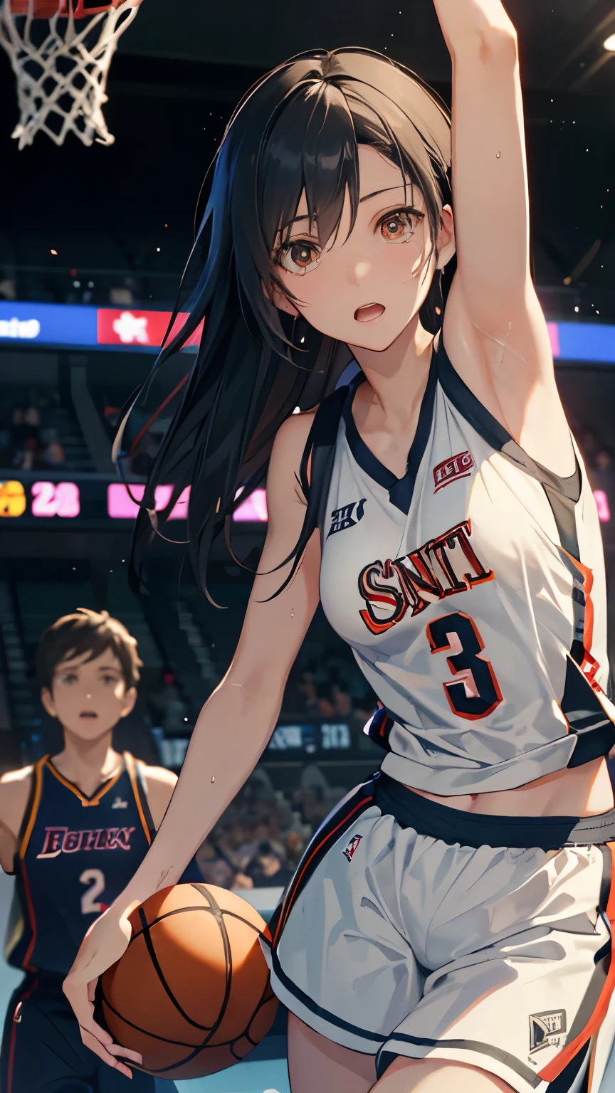 ((best quality)), ((masterpiece)), (detailed), perfect face, (best quality), (detailed skin:1.3), (intricate details), Female professional basketball player, NBA, ((dunk shot, bascketball)), under the goal, jumping, sweat pouring out, a scene during the game, tifa lockhart, cowboy shot