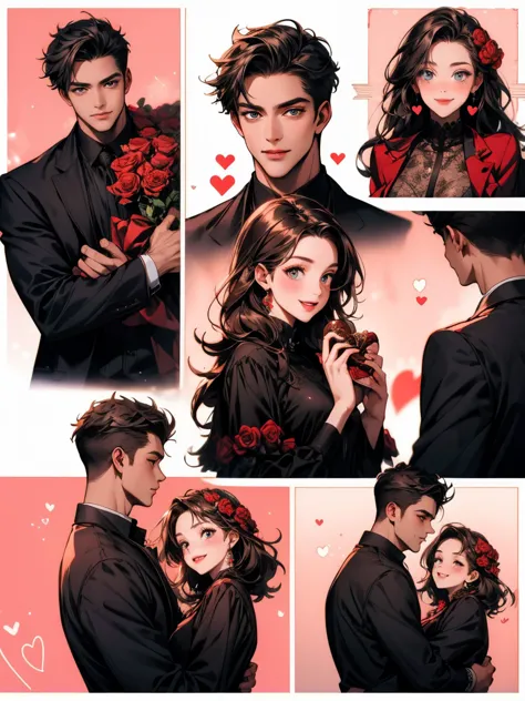 masterpiece, collage of couple, 1 guy, 1 woman, valentine, happy, smile, chocolate, roses, hearts