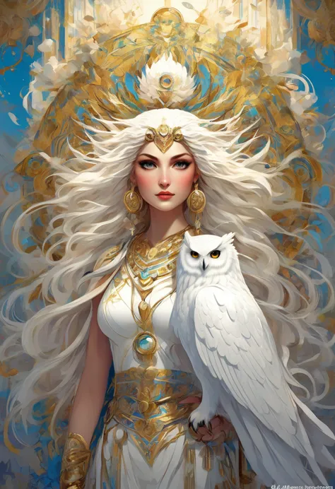 Surrealist Art Style (A snow-white owl stands on Athena&#39;s shoulder.),(pure white owl: 1.37), pure white owl, pure white owl,...