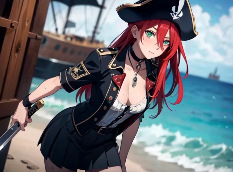 ((masterpiece, best quality, high resolution, UHD, pixel perfect, depth of field, 8k, RTX, HDR)), 1 girl, girl stile anime, cowboy shot, BREAK, very long hair, curly hair red hair, lock of hair covering one eye, green eyes, well defined eyes, high definition eyes, eyelashes and black shadow under the eyes, high gloss eyes, looking at the viewer, tricorn with a feather cap, pirate clothes, wearing pirate gun belt, wearing a red pleated miniskirt, miniskirt fluttering in the wind, black panties, wearing a white t-shirt, with a pronounced neckline, with tatto of skull in the arm, BREAK, oily skin, with a lot of sweat on the body, perfect anatomy, cleavage, neckline, big teats 1.8, small shark tattoo on the chest, ((wearing one patch in the eye)), blouse with white ruffles, with a neckline, with black boots, up to the knees, BREAK, wearing a black choker, standing facing viewer, holding a pirate sword, ((with a sword in his hand)), on a pirate ship with the sea in the background. 