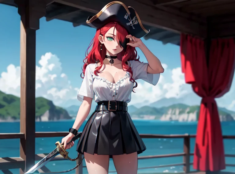 ((masterpiece, best quality, high resolution, UHD, pixel perfect, depth of field, 8k, RTX, HDR)), 1 girl, girl stile anime, cowboy shot, BREAK, very long hair, curly hair red hair, lock of hair covering one eye, green eyes, well defined eyes, high definition eyes, eyelashes and black shadow under the eyes, high gloss eyes, looking at the viewer, tricorn with a feather cap, pirate clothes, wearing pirate gun belt, wearing a red pleated miniskirt, miniskirt fluttering in the wind, black panties, wearing a white t-shirt, with a pronounced neckline, with tatto of skull in the arm, BREAK, oily skin, with a lot of sweat on the body, perfect anatomy, cleavage, neckline, big teats 1.8, small shark tattoo on the chest, ((wearing one patch in the eye)), blouse with white ruffles, with a neckline, with black boots, up to the knees, BREAK, wearing a black choker, standing facing viewer, holding a pirate sword, ((with a sword in his hand)), on a pirate ship with the sea in the background. 