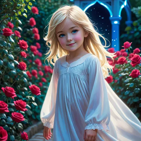 little blonde girl, seven years old, wearing a long white nightgown, is enveloped by a blue glow, with a shy smile, while her ha...