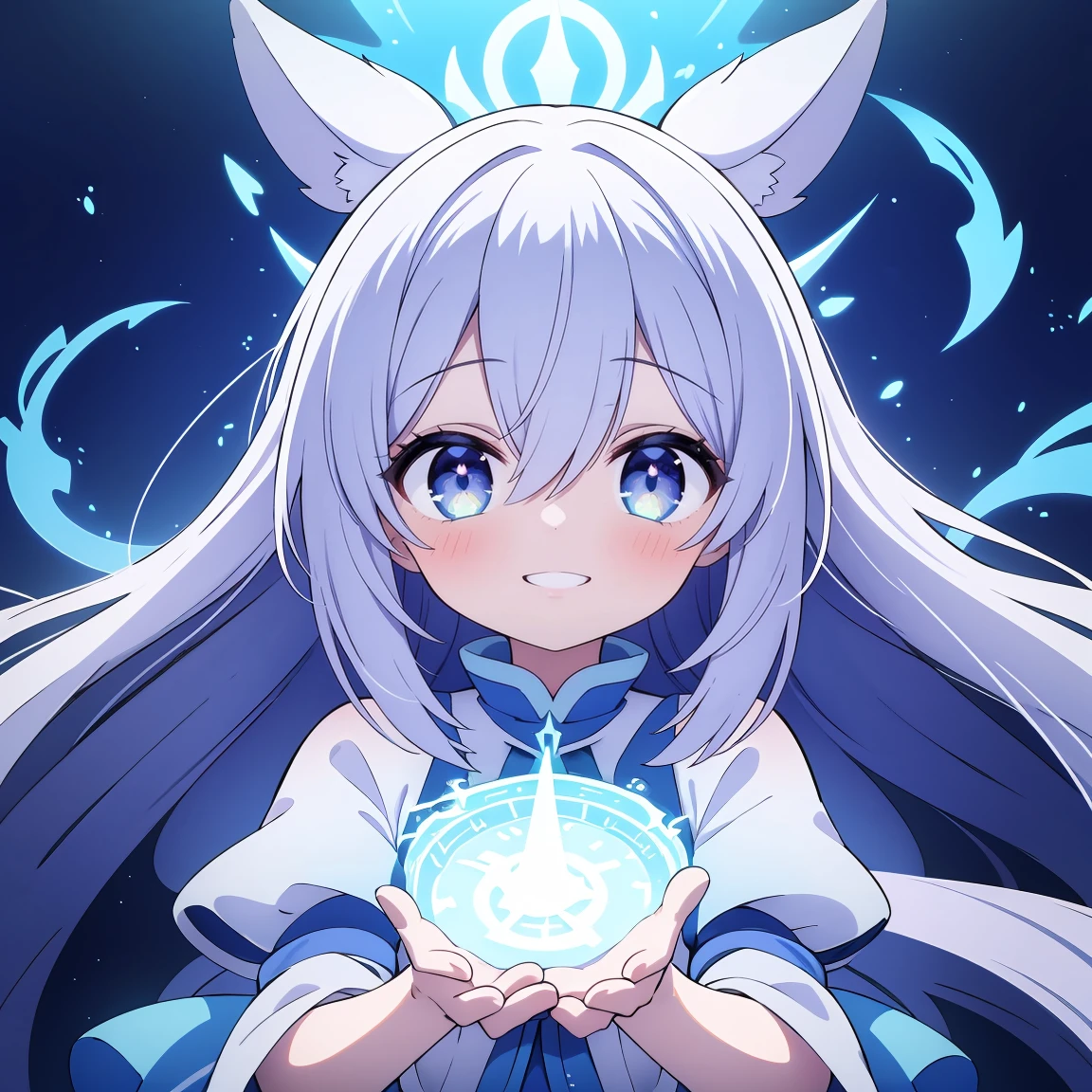 Masterpiece, highest quality, ultra-definition, 4K, super fine illustration, high-definition beautiful face and eyes, light blue color scheme, lighting, fantasy, solemn atmosphere, long skirt, glowing eyes, long hair, hair between the eyes, cross bangs, grin, Particle light, luminescence, plasma, electric current, blue flame, sense of depth, dynamic angle, one girl, smile,