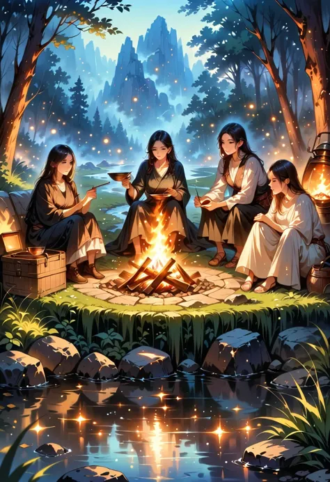 (best quality,highres,masterpiece:1.2),ultra-detailed,realistic,photorealistic:1.37,campfire,crackling flames,golden embers,flickering light,cozy warmth,natural surroundings,nighttime ambiance,serene atmosphere,dancing shadows,roasting marshmallows,starry ...