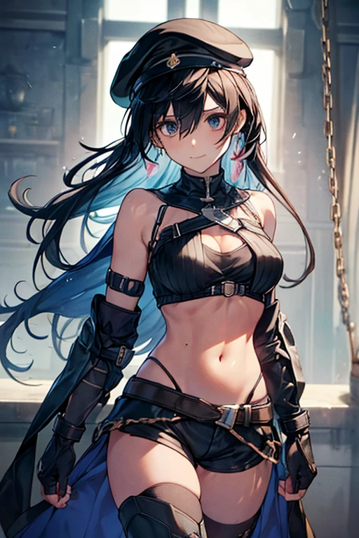 ubel,dark green hair,long hair,side ponytail,hair between eyes,bangs, BREAK (beret, black jacket, open clothes, cleavage, midriff, black shorts, black thighhighs, thigh strap, fingerless gloves, single glove:1.2), Photo,sharpness, F1.6 lens,hyper-realistic textures,spectacular light textures, Cinestil 800 Fashion Mechanics,(((Beautiful woman with left leg restrained and hung by chains))),Appearance,Beautiful girl with accentuated slender abs: 1.1,six-pack abs: 1.1, Bust Botox,Standing on tiptoe, long legs,Long brown hair fluttering in the wind,Brown hair, Long hair, Female Warrior Costume,(No panties,No bra),(tacticul battle fashion,elbow and knee tacticul battle fashion, battle glove: 1.1),((cute batre costume)),The belly comes out and the navel is visible,Thin sheer costume, combat gloves,shredded costumes,cyber long combat boots with golden knee pads,Anatomical,(futuristic sci-fi battle fashion, new elbow and knee cyberpads, new cyberlong boots, new cybergloves: 1.1),(tied perfectly by iron chain), Restraint, Slave, collars, contempt, (Chained), 4 chains hung from heaven, Metallic shackles and fetters, wet crotch clearly visible,((Hands are restrained above the head)), the neck is chained,Chain from left knee to heaven,Chained by rusty iron chains,((the tip is protruding, areolas protruding,The shape of the pubic harearea is clearly visible:1.2)),Sweating,Wet,Wet crotch,Wet thighs,Junkyard, Realistic, (cute, perfect clothes, skimpy clothes, cute: 1.3) ,Vast miritary base in us,((wide mirtary hospital with summer sunlight)), peeling ceilings, Rebar between, Realistic material details, Extreme details, Ultra-realistic materials,narrow waist,(with sparkling eyes and a contagious smile:0.9),looking at viewer,
