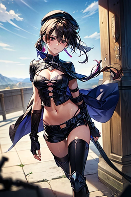 ubel,dark green hair,long hair,side ponytail,hair between eyes,bangs, BREAK (beret, black jacket, open clothes, cleavage, midriff, black shorts, black thighhighs, thigh strap, fingerless gloves, single glove:1.2), Photo,sharpness, F1.6 lens,hyper-realistic textures,spectacular light textures, Cinestil 800 Fashion Mechanics,(((Beautiful woman with left leg restrained and hung by chains))),Appearance,Beautiful girl with accentuated slender abs: 1.1,six-pack abs: 1.1, Bust Botox,Standing on tiptoe, long legs,Long brown hair fluttering in the wind,Brown hair, Long hair, Female Warrior Costume,(No panties,No bra),(tacticul battle fashion,elbow and knee tacticul battle fashion, battle glove: 1.1),((cute batre costume)),The belly comes out and the navel is visible,Thin sheer costume, combat gloves,shredded costumes,cyber long combat boots with golden knee pads,Anatomical,(futuristic sci-fi battle fashion, new elbow and knee cyberpads, new cyberlong boots, new cybergloves: 1.1),(tied perfectly by iron chain), Restraint, Slave, collars, contempt, (Chained), 4 chains hung from heaven, Metallic shackles and fetters, wet crotch clearly visible,((Hands are restrained above the head)), the neck is chained,Chain from left knee to heaven,Chained by rusty iron chains,((the tip is protruding, areolas protruding,The shape of the pubic harearea is clearly visible:1.2)),Sweating,Wet,Wet crotch,Wet thighs,Junkyard, Realistic, (cute, perfect clothes, skimpy clothes, cute: 1.3) ,Vast miritary base in us,((wide mirtary hospital with summer sunlight)), peeling ceilings, Rebar between, Realistic material details, Extreme details, Ultra-realistic materials,narrow waist,(with sparkling eyes and a contagious smile:0.9),looking at viewer,
