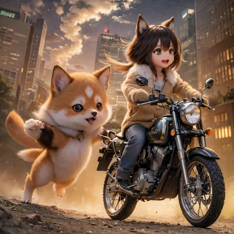 (highest quality,High resolution:1.2),shiba inu girls,Adorable chibi style,Vibrant colors,Fantasy Landscape,Riding on motorcycle...