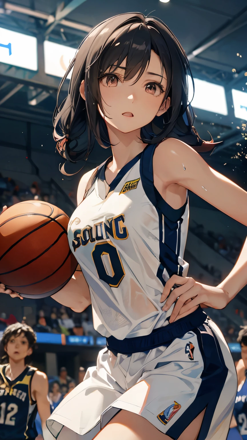 ((best quality)), ((masterpiece)), (detailed), perfect face, (best quality), (detailed skin:1.3), (intricate details), Female professional basketball player, NBA, ((dunk shot, bascketball)), under the goal, jumping, sweat pouring out, a scene during the game, tifa lockhart, cowboy shot