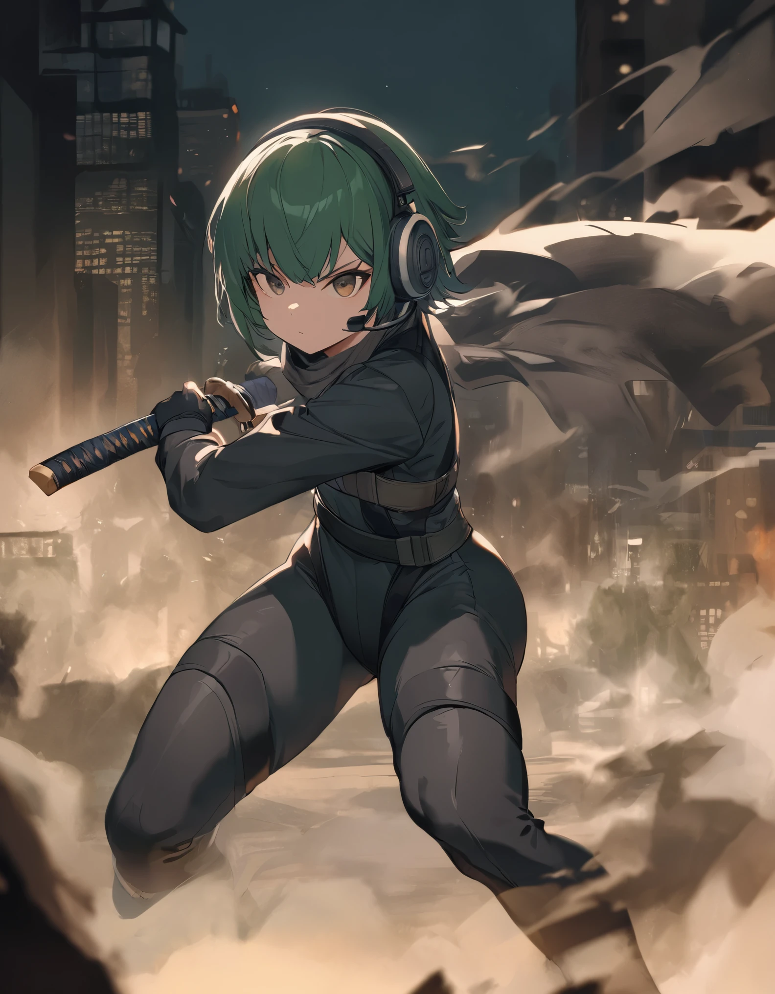 masterpiece, best quality, 1girl, short body, age 14, short body, green hair, short hair, bob hair, headset, dark brown eyes, beautiful detailed eyes, beautiful detailed face, cute face, stoic, reserved, serious, professional, ninja, dark green bodysuit, black tactical gloves, black combat boots, using katana blade, scabbard, cityscape, night, noir atmosphere, full body shot, full body with costume, cowboy shot.