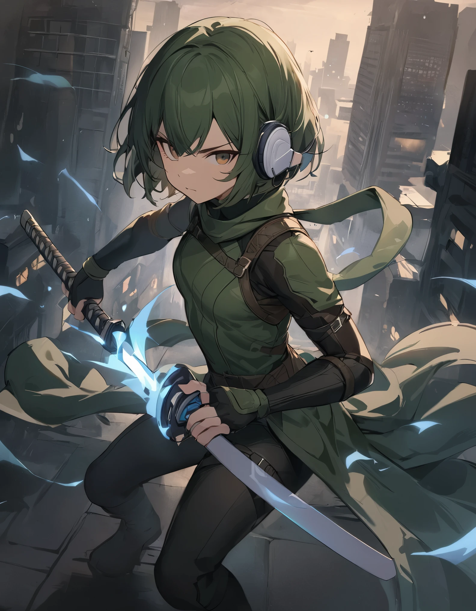 masterpiece, best quality, 1girl, short body, age 14, short body, green hair, short hair, bob hair, headset, dark brown eyes, beautiful detailed eyes, beautiful detailed face, cute face, stoic, reserved, serious, professional, ninja, dark green bodysuit, black tactical gloves, black combat boots, using katana blade, scabbard, cityscape, night, noir atmosphere, full body shot, full body with costume, cowboy shot.