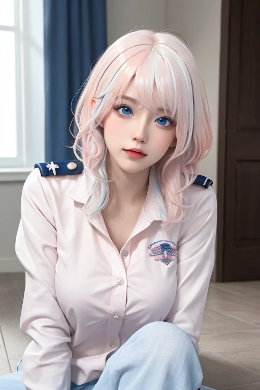 (masterpiece), (high quality), (8k resolution), (original photo), (best quality), (masterpiece:1.5), (Practical:1.5), ((photo Practical)), Vivid details, hyper Practical,1 Girl, (Lovely:1.2), fair, high quality、Delicate face, Perfect face, (White hair and light pink hair:1.4), Red face, Delicate eyes, (blue eyes),Colored eyes,(Big watery eyes),National Foundation,, slim body, Looking at the audience, Shut up, Real human skin, Glowing skin, Medium Breast, ((Uniforms)), sitting, floor,