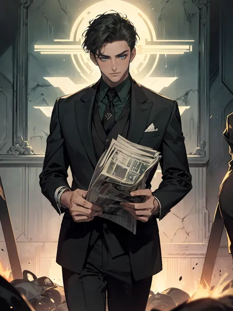 ((One young man in a black suit and tie)), Gotham, alejandro, (((Dark short hair swept to the side))), (dark green eyes and thic...