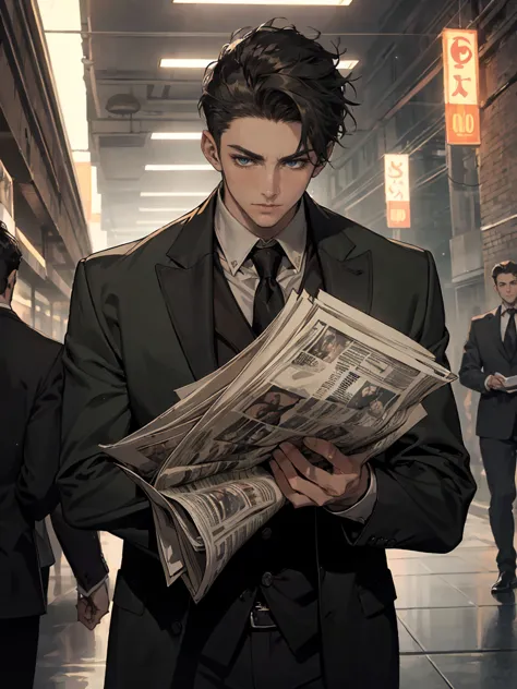 ((One young man in a black suit and tie)), Gotham, alejandro, (((Dark short hair swept to the side))), (dark green eyes and thic...