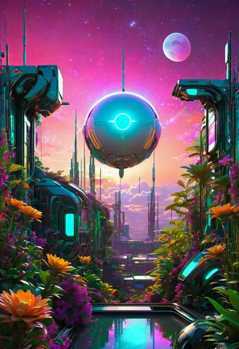 Sunset in a neo-age version of Eden, cybernetic robotic bedroom featuring future matrix unicode dreams, unique individuals meldi...