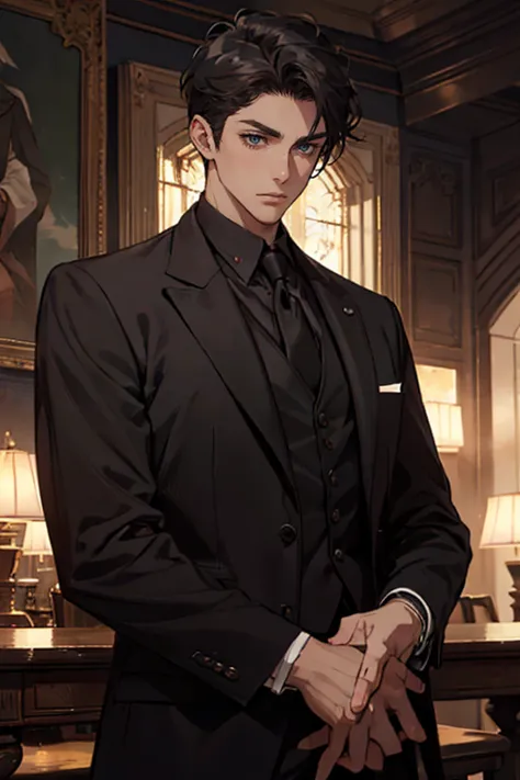 ((One young man with a black suit and tie)), alejandro, (((one side swept dark short neat hair))), ( green eyes and thick eyebro...